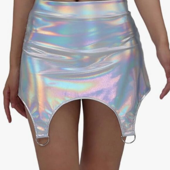 Metallic High Waist Faux Leather Bodycon Mini Skirt with Ring Clips - Picture 1 of 5
